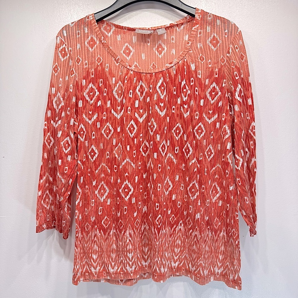 Chico’s Rust Orange & Ivory Ikat Print Semi Sheer Burnout Top 3/4 Sleeves 2/L